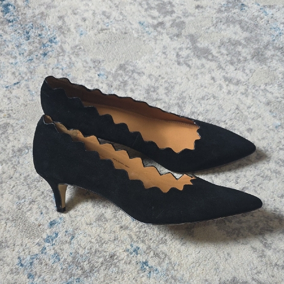 J.Crew 8.5 Black Scalloped Edge Suede Kitten Heel Workwear Business Casual‎ - Picture 1 of 5